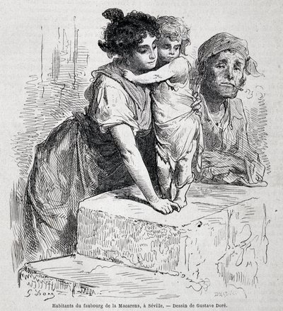 Familie i forstaden Macarena i Sevilla - dess. af Gustave Doré, i "" Le Tour du monde", 2. uge 1865. af Gustave Dore