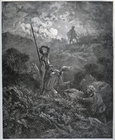 Første tilsynekomst af Deguenille-de-la-Malaise-minen - fra "" Don Quixote de la Mancha"" af Miguel Cervantes (1547-1616) (Don Quixote) - Træsnit efter tegning af Gustave Dore af Gustave Dore
