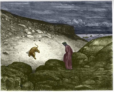 Første sang om helvede, en panter modsætter sig Dantes passage. Illustration af Gustave Dore af Gustave Dore