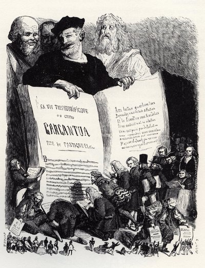 Frontispice af udgaven af 1854 - I selskab med antikke og moderne forfattere præsenterer Rabelais sin anden roman - illustration fra 
