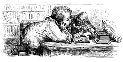 Gant Gargantuas uddannelse: Han lærer at læse med sin læremester. Illustration af Gustave Dore til Francois Rabelais