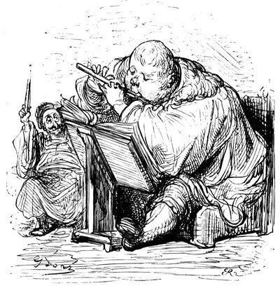 Gargantua-uddannelse: Den unge herre lærer at spille fløjte med sin musiklærer. Kobberstik af Gustave Dore, der illustrerer Rabelais