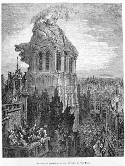 Gargantua hviler på tårnene i Vor Frue Kirke. Gravering efter værket Gargantua af François Rabelais (1483 - 1553) af Gustave Dore