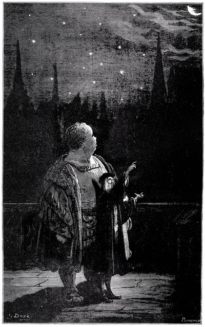 Gargantuas uddannelse: Om natten, sammen med en astronom, observerer den unge kæmpe stjerner, stjerner og kometer på nattehimlen. Kobberstik af Gustave Dore, der illustrerer Rabelais