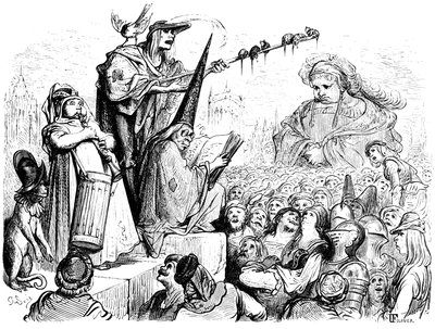 Gargantuas uddannelse: "Han skulle lytte til offentlige lektioner, højtidelige handlinger, gentagelser, deklamationer, gode advokaters indlæg, evangeliske prædikanters taler ...". Kobberstik af Gustave Dore, der illustrerer Rabelais