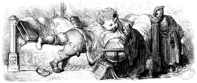 Gargantuas uddannelse: Kæmpen, et barn, ligger på sin seng og studerer en globus sammen med sine lærere. Illustration af Gustave Dore til Francois Rabelais
