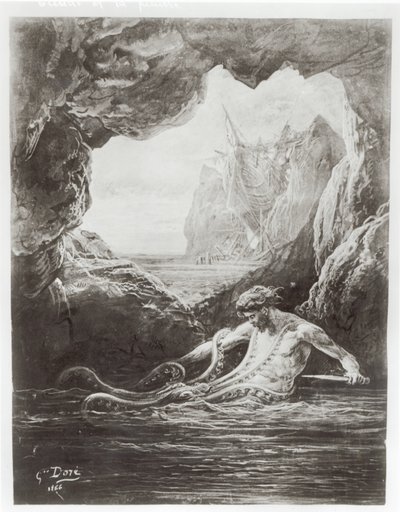 Gilliatt kæmper med den kæmpe blæksprutte, illustration fra 