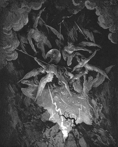 Gustave Dore-illustration til John Miltons episke digt, der dramatiserer syndefaldet, Paradise Lost (1667), bog VI. De oprørske engle falder gennem bruddet i himlens mur og styrter ned i helvede. Træsnit 1866 af Gustave Dore