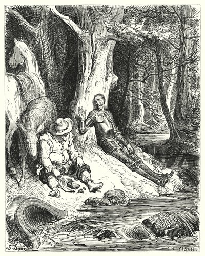 Gustave Dores Don Quixote: "En klar fontæne, som Don Quixote og Sancho fandt blandt nogle grønne træer, tjente til at forfriske dem" (gravering) af Gustave Dore