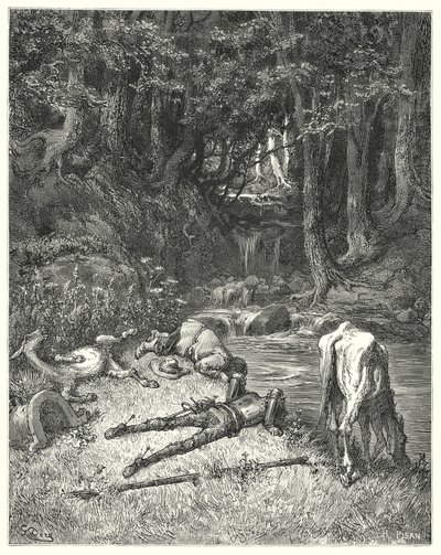 Gustave Dores Don Quixote: "En eng, vandet med en å, inviterede dem til at stige af" (gravering) af Gustave Dore