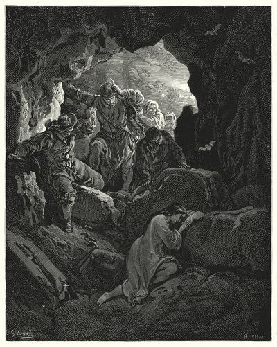 Gustave Dores Don Quixote: "En fest med betjente sendes ud ... som finder den fattige forelskede Leandra i en hule i et af bjergene" (gravering) af Gustave Dore