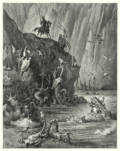 Gustave Dores Don Quixote: "En stor sø af kogende beg, hvori et uendeligt væld af voldsomme og forfærdelige skabninger bevæger sig frem og tilbage" (gravering) af Gustave Dore