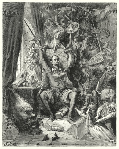 Gustave Dores Don Quixote: "En verden af uordnede forestillinger, plukket ud af hans bøger, trængt ind i hans fantasi" (gravering) af Gustave Dore