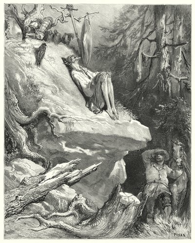 Gustave Dores Don Quixote: "Ak!" svarede Sancho: "Jeg fandt ham i sin skjorte, mager, bleg og næsten udsultet og sukkede efter sin Lady Dulcinea" (gravering) af Gustave Dore