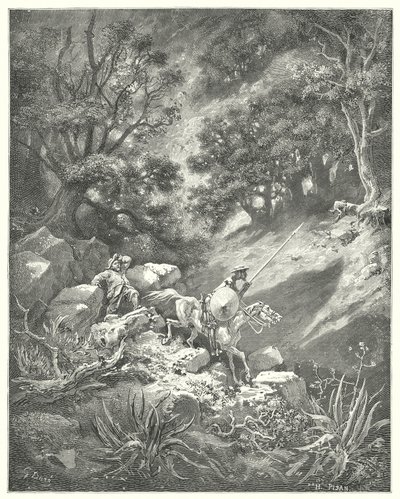 Gustave Dores Don Quixote: "Men bed, sir," citerer Sancho, "er det en god lov om ridderlighed, der siger, at vi skal vandre op og ned, over buske og tårne, i denne klippefyldte ørken?" (gravering) af Gustave Dore