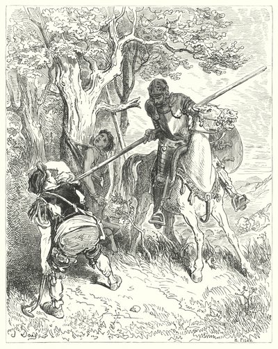Gustave Dores Don Quixote: "Ved solen, der skinner, har jeg et godt sind til at køre dig gennem kroppen med min lanse" (gravering) af Gustave Dore