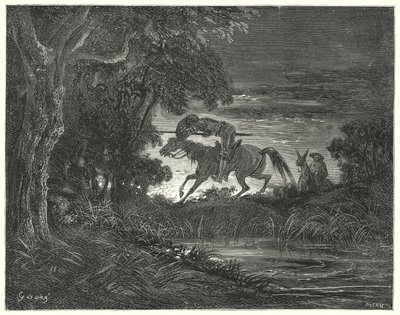 Gustave Dores Don Quixote: "Don Quixote, ledsaget af sit frygtløse hjerte, sprang over Rozinante" (gravering) af Gustave Dore
