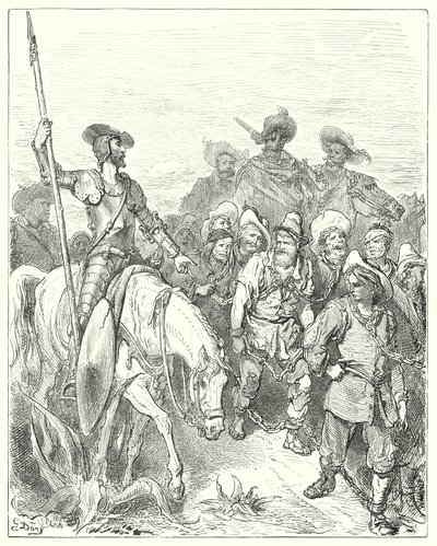 Gustave Dores Don Quixote: "Don Quixote spurgte den første om hvilke forbrydelser han var under disse elendige omstændigheder" (gravering) af Gustave Dore