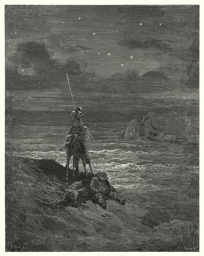 Gustave Dores Don Quixote: "Don Quixote blev der og ventede på, at dagen nærmede sig" (gravering) af Gustave Dore
