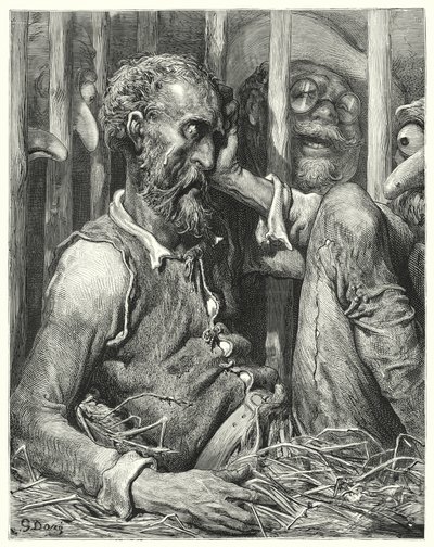 Gustave Dores Don Quixote: "Don Quixote var ikke så meget forbløffet over hans fortryllelse som over måden den blev gjort" (gravering) af Gustave Dore