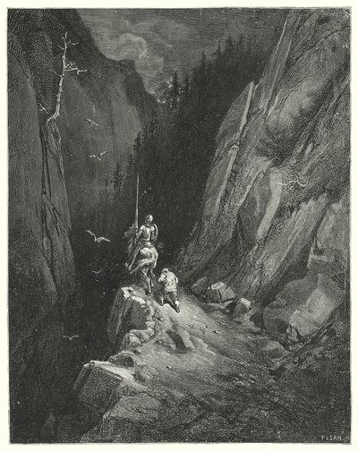 Gustave Dores Don Quixote: "Don Quixote blev transporteret med glæde for at finde sig selv, hvor han kunne smigre sin ambition med håbet om nye eventyr" (gravering) af Gustave Dore