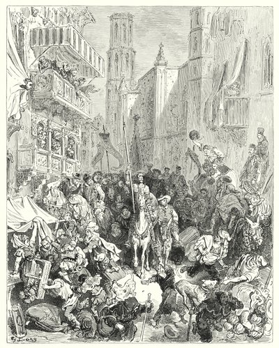Gustave Dores Don Quixote: "Ved at omslutte ham i midten af deres brigade førte de ham mod byen" (gravering) af Gustave Dore