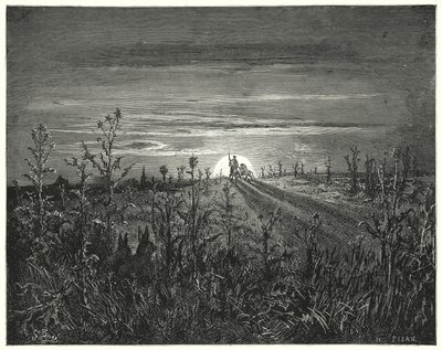 Gustave Dores Don Quixote: "Ven Sancho," sagde Don Quixote, "jeg finder ud af, at den kommende nat vil overhale os, før vi kan nå Toboso" (gravering) af Gustave Dore