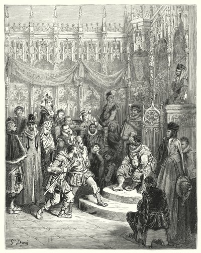 Gustave Dores Don Quixote: "Guvernør Sancho Panza administrerer retfærdighed" (gravering) af Gustave Dore