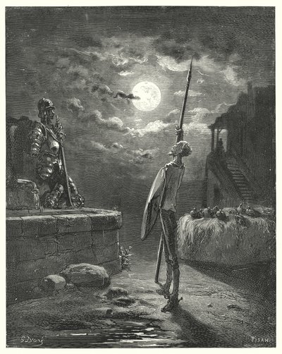 Gustave Dores Don Quixote: "Han begyndte at gå rundt ved hestetruget med en yndefuld opførsel" (gravering) af Gustave Dore