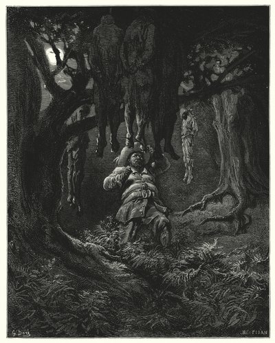 Gustave Dores Don Quixote: "Han råbte til Don Quixote om hjælp" (gravering) af Gustave Dore