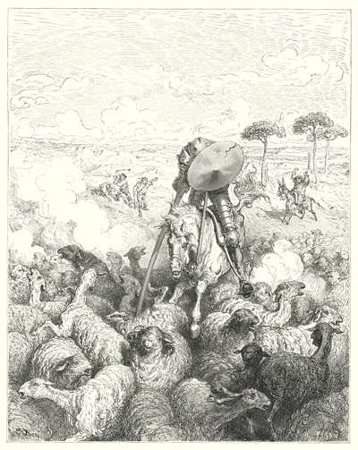 Gustave Dores Don Quixote: "Han angreb eskadronen af får" (gravering) af Gustave Dore