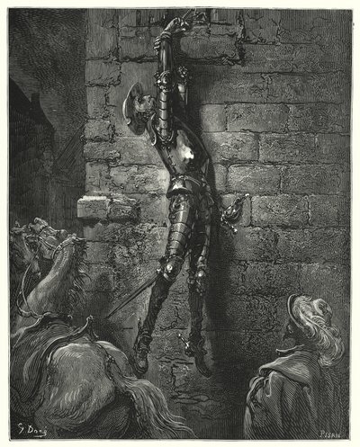 Gustave Dores Don Quixote: "Han var uundgåeligt faldet til jorden, havde hans håndled ikke været forsvarligt fastgjort til rebet" (gravering) af Gustave Dore