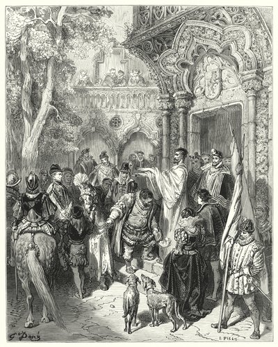 Gustave Dores Don Quixote: "Han kyssede hertugen og hertugindens hånd ved afskeden og modtog sin herres velsignelse" (stik) af Gustave Dore
