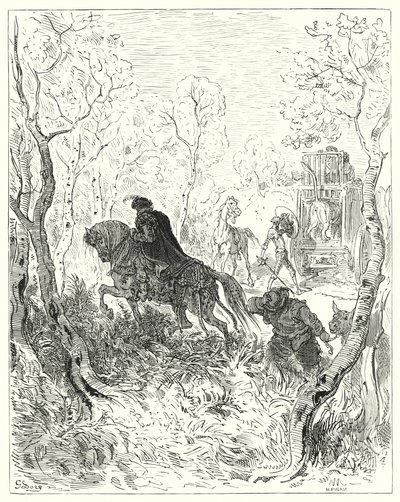 Gustave Dores Don Quixote: "Han postede sig lige før døren til buret" (gravering) af Gustave Dore
