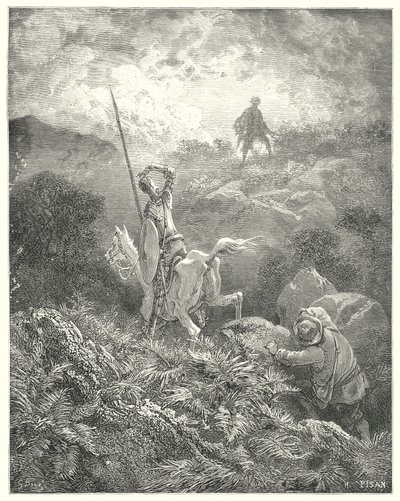 Gustave Dores Don Quixote: "Han spionerede på toppen af en stenet klippe lige foran ham en mand, der sprang fra klippe til klippe med vidunderlig smidighed" (gravering) af Gustave Dore