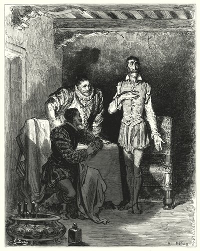 Gustave Dores Don Quixote: "Han fortalte herrerne hele historien om, at hun blev fortryllet" (gravering) af Gustave Dore