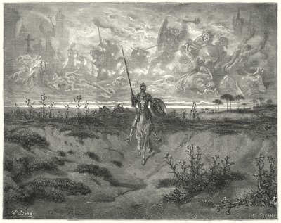 Gustave Dores Don Quixote: Han rejste næsten hele den dag (gravering) af Gustave Dore