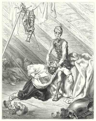 Gustave Dores Don Quixote: "Han troede i sandhed, at hans sidste time var kommet" (gravering) af Gustave Dore