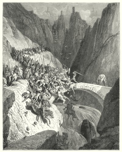 Gustave Dores Don Quixote: "Hvordan Don Diego Garcia med sin eneste styrke forsvarede passagen af en bro mod en stor hær" (gravering) af Gustave Dore
