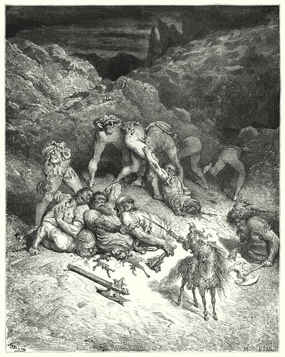Gustave Dores Don Quixote: "Hvordan Felixmarte afskar fem giganter på midten" (gravering) af Gustave Dore
