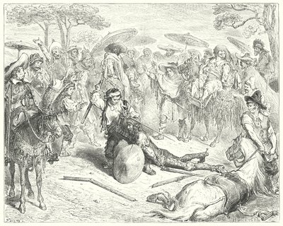 Gustave Dores Don Quixote: "På trods af sine arme tæskede han ham som en hvedekærv" (gravering) af Gustave Dore