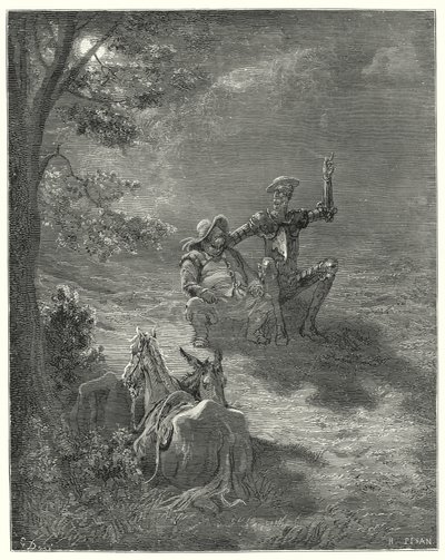 Gustave Dores Don Quixote: "I sådanne taler passerede de en stor del af natten" (gravering) af Gustave Dore
