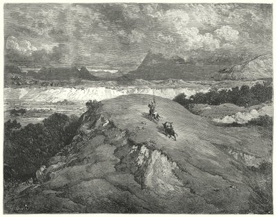 Gustave Dores Don Quixote: "Det var nat før vores to rejsende nåede til den mest ørkende del af bjerget" (gravering) af Gustave Dore