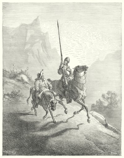 Gustave Dores Don Quixote: "Det var endnu tidligt om morgenen, på hvilket tidspunkt solstrålerne ikke viste sig så stødende" (gravering) af Gustave Dore