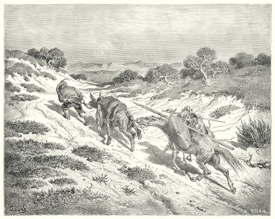 Gustave Dores Don Quixote: "Han førte røvet ved grimen og tog den nærmeste vej, han kunne gætte, til hovedvejen" (gravering) af Gustave Dore
