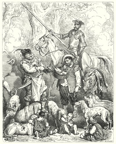 Gustave Dores Don Quixote: "Foretag skift for at holde din mave med det, indtil middagen er klar" (gravering) af Gustave Dore