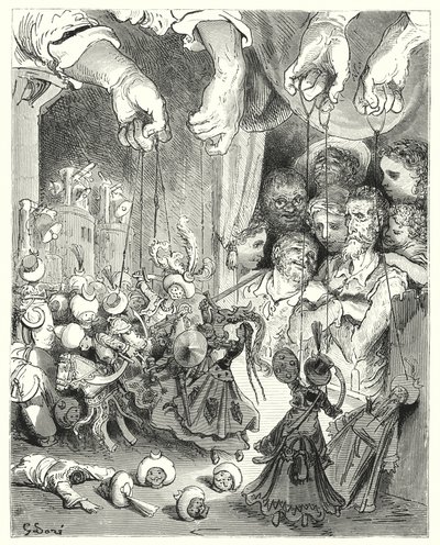 Gustave Dores Don Quixote: "Iagttag, hvilket stort selskab af glitrende heste, der strømmer ud af byen, på jagt efter de kristne elskere" (gravering) af Gustave Dore