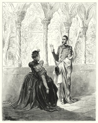 Gustave Dores Don Quixote: "Bed, min Herre Don Quixote, gå på pension, for denne stakkels unge skabning vil ikke komme til sig selv, mens du er forbi" (gravering) af Gustave Dore