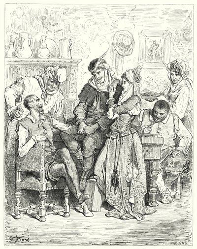 Gustave Dores Don Quixote: "Sancho og hans herre opholdt sig tre dage hos et ungt par og blev underholdt som prinser" (gravering) af Gustave Dore