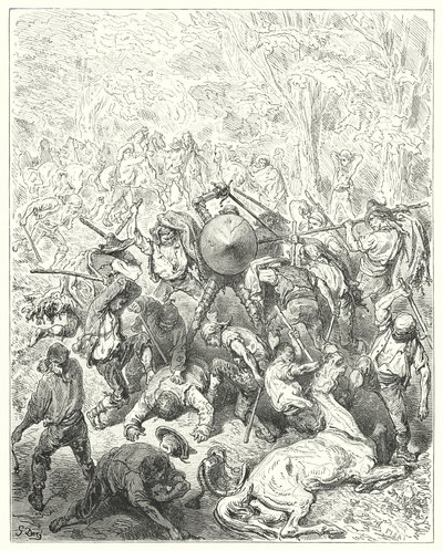 Gustave Dores Don Quixote: "Yangeserne greb sig til deres løftestænger og pakkestave" (gravering) af Gustave Dore